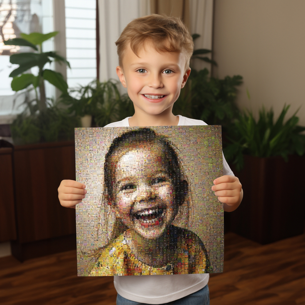 Unframed photo mosaic of a laughing child in a bright living room, a personalized gift for grandparents