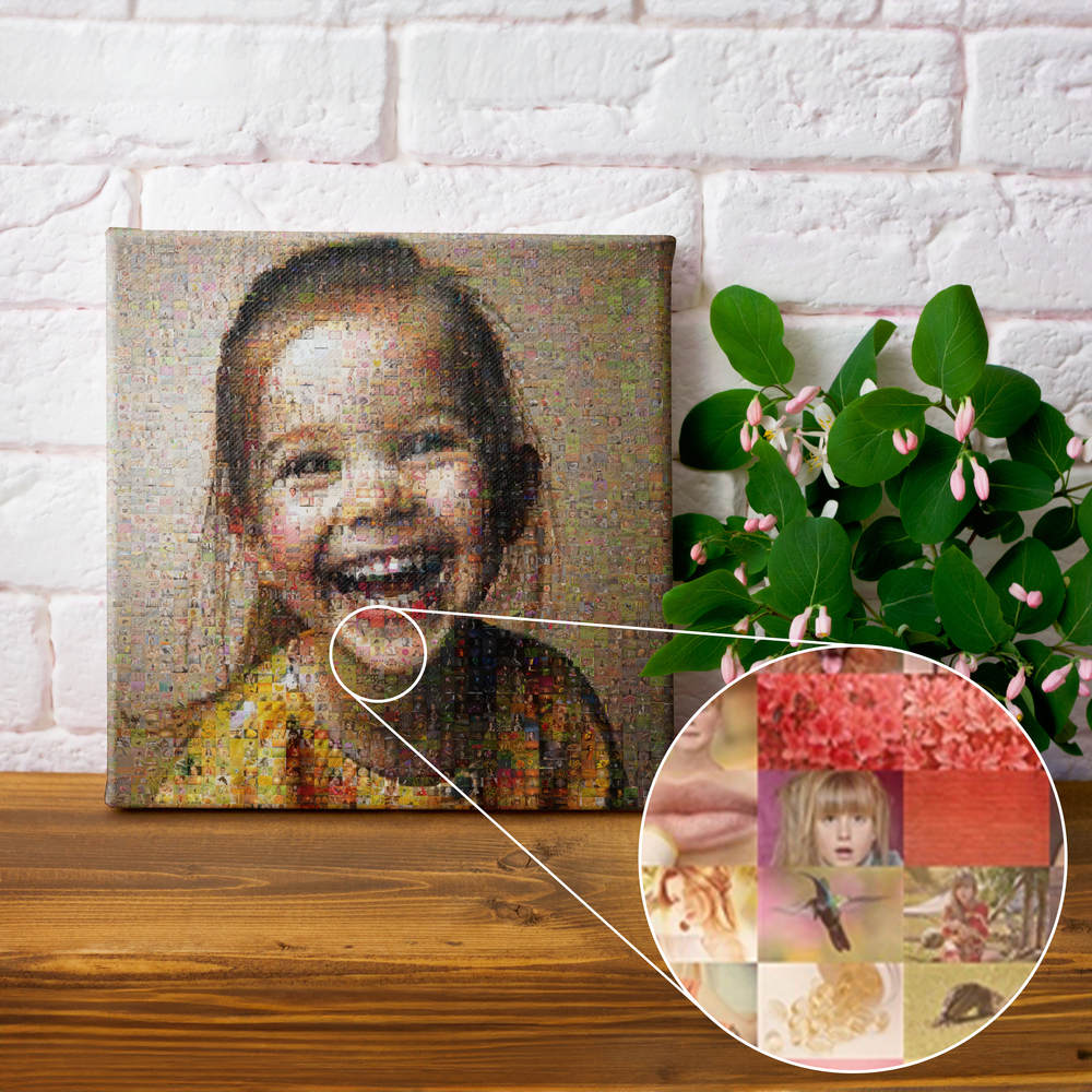 Photo mosaic of a laughing child on a wooden table against a white brick wall, with enlarged photo tiles