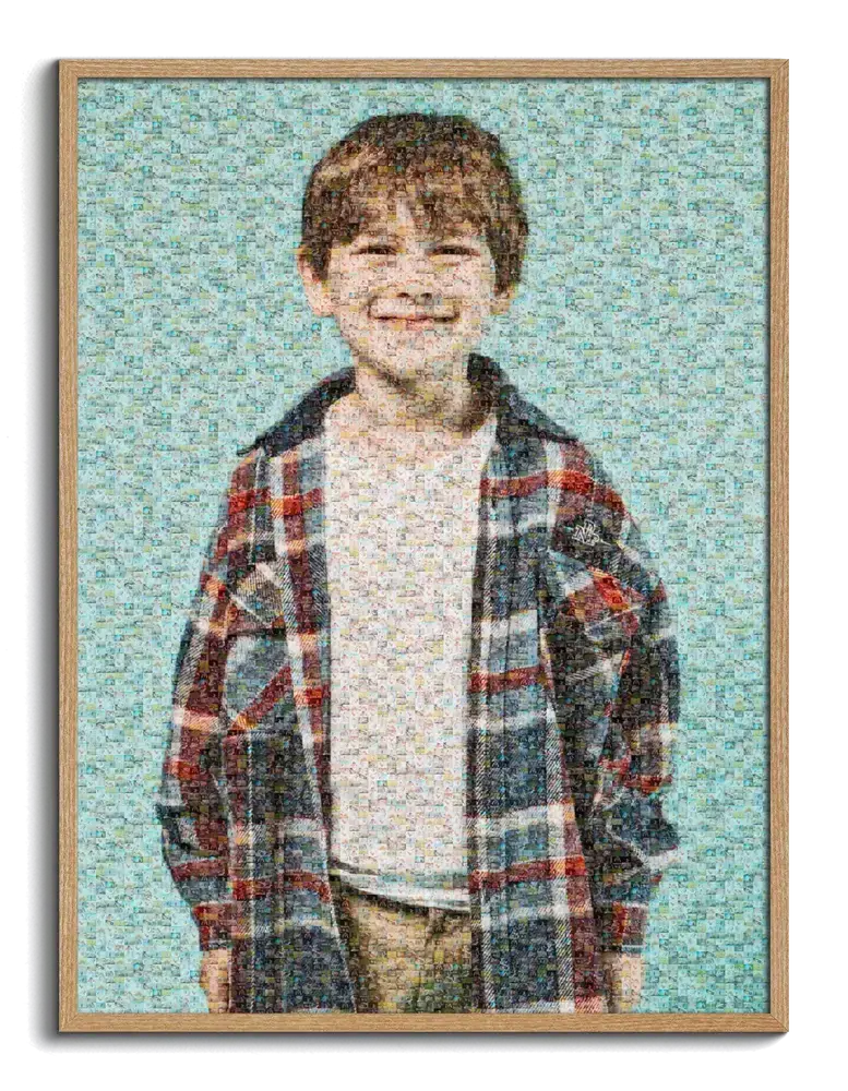 Photo mosaic made of tiny photos, featuring a boy against a light blue background in a natural wood frame