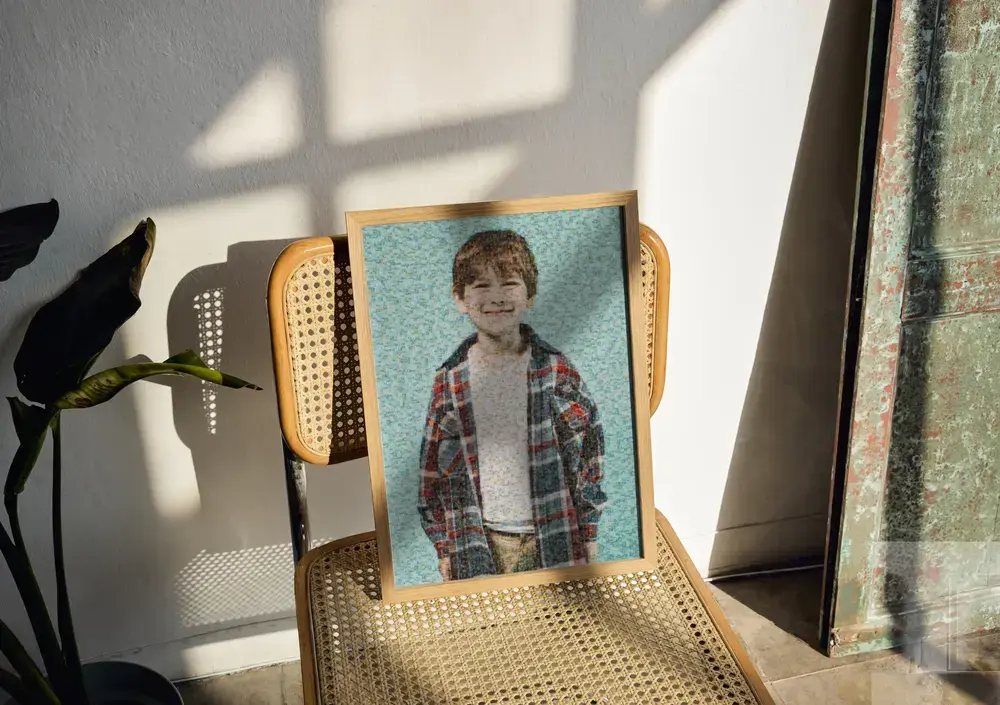 Wood-framed photo mosaic of a boy resting on a sunlit cane chair, a thoughtful gift idea for parents