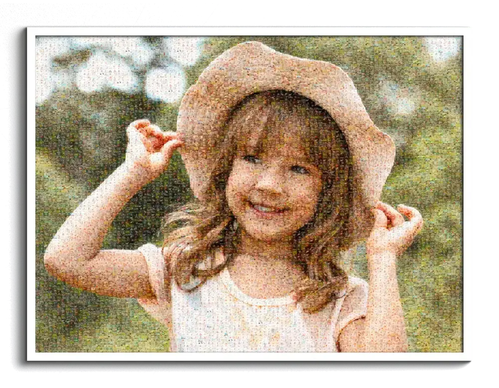 White-framed photo mosaic of a smiling girl wearing a large hat, composed of many tiny photographs