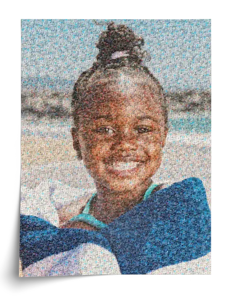 Unframed vertical photo mosaic poster of a smiling girl, made up of many small photographs