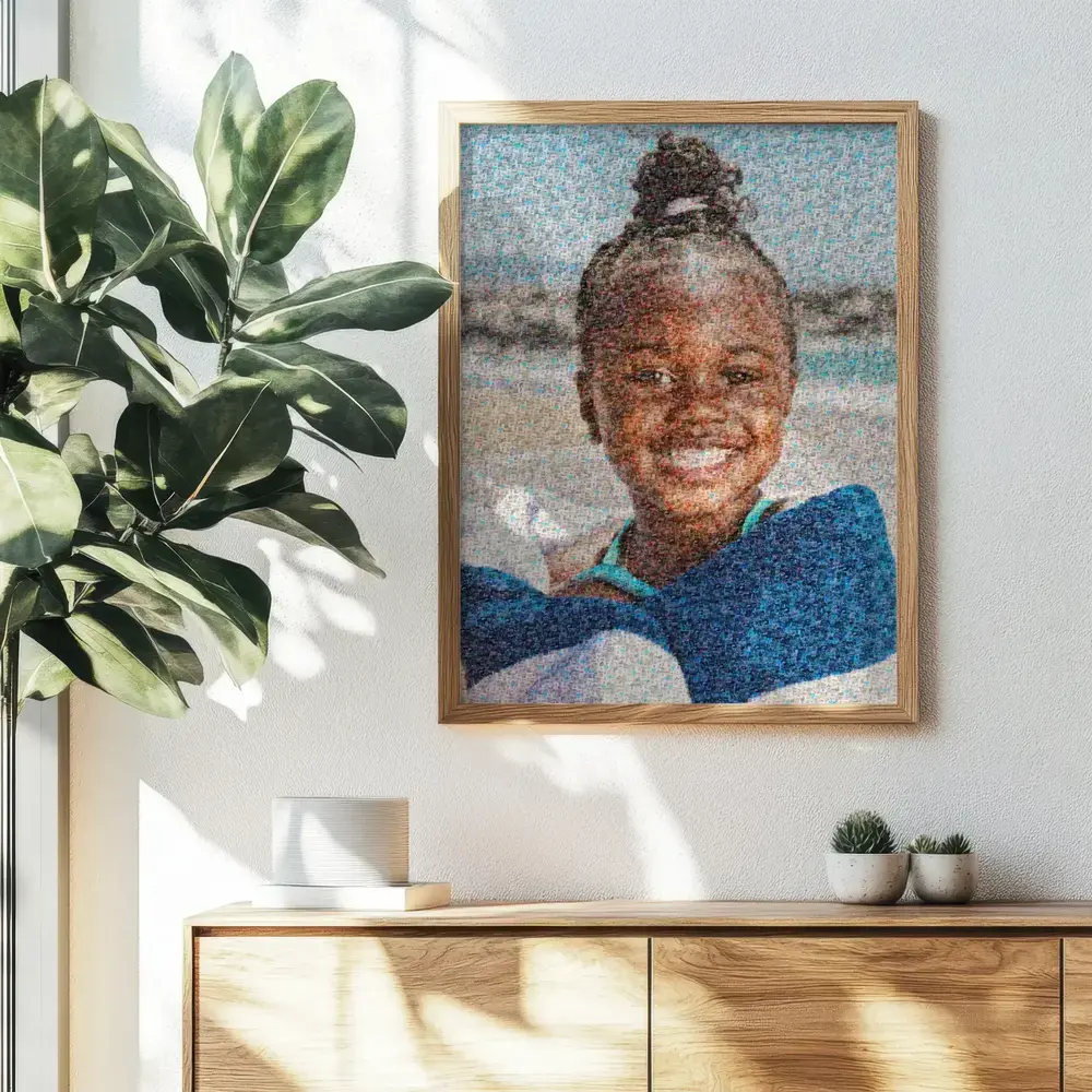 Wood-framed photo mosaic of a girl above a sideboard beside a leafy plant, a personalized gift for Grandma