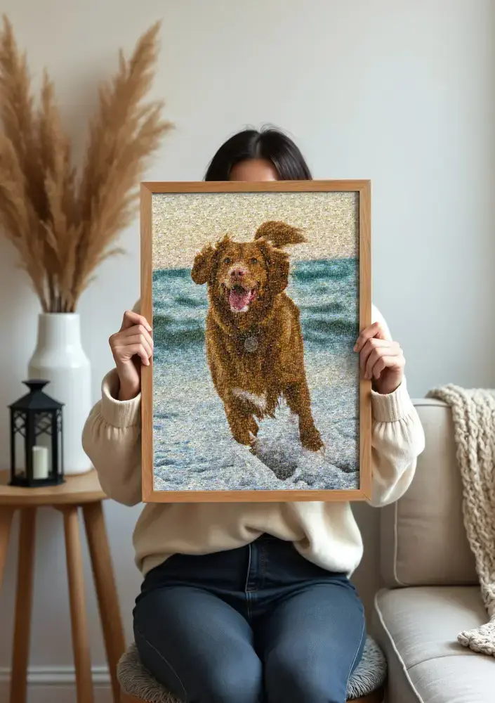 Mosaïque photo d’un chien brun au bord de l’eau, encadrée en bois naturel devant un canapé du salon